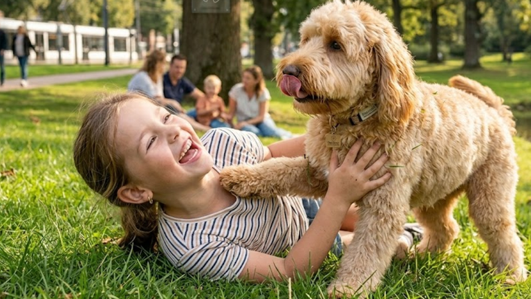 Meisje en hond op gras