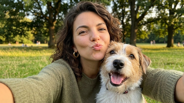 Vrouw met hond in park – selfie