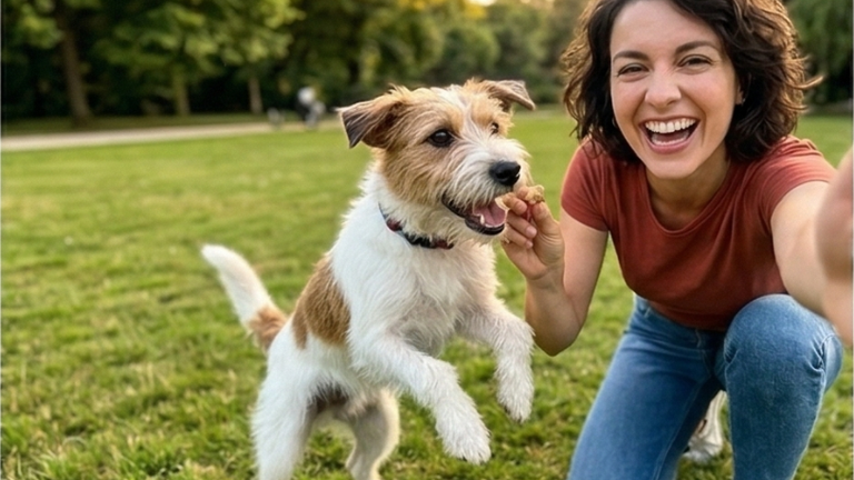 Vrouw speelt met hond in park